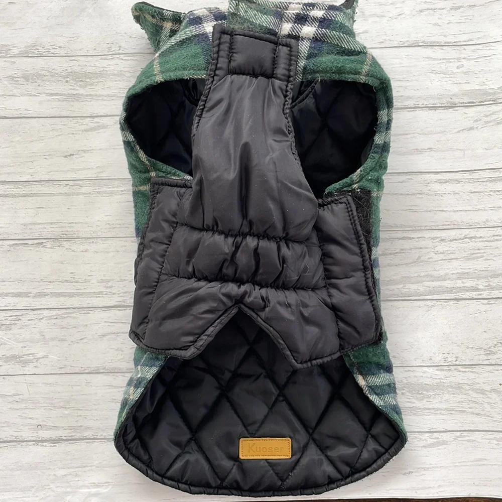 KUOSER Reversible Green Plaid/Solid Black Waterproof Dog Winter Coat, Medium
